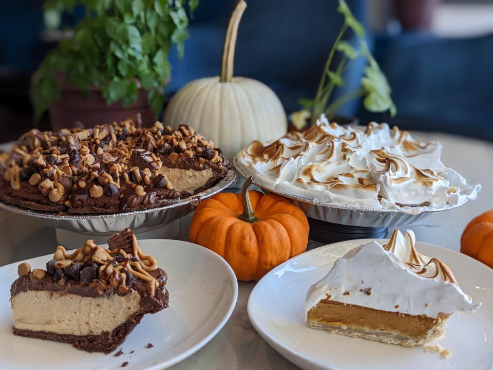 Caramel Bakery and Bar's Thanksgiving pie lineup includes a chocolate peanut butter pie and pumpkin pie.