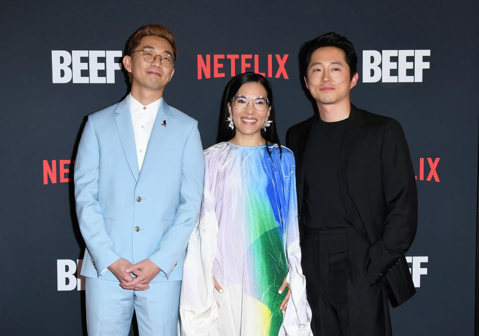 Lee Sung Jin, Ali Wong, and Steven Yeun attend the Los Angeles Premiere of Netflix's "BEEF" at TUDUM Theater