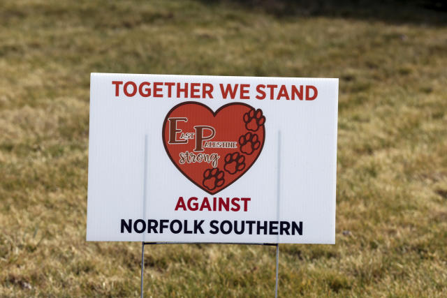 A sign of anger toward Norfolk Southern posted by residents of East Palestine