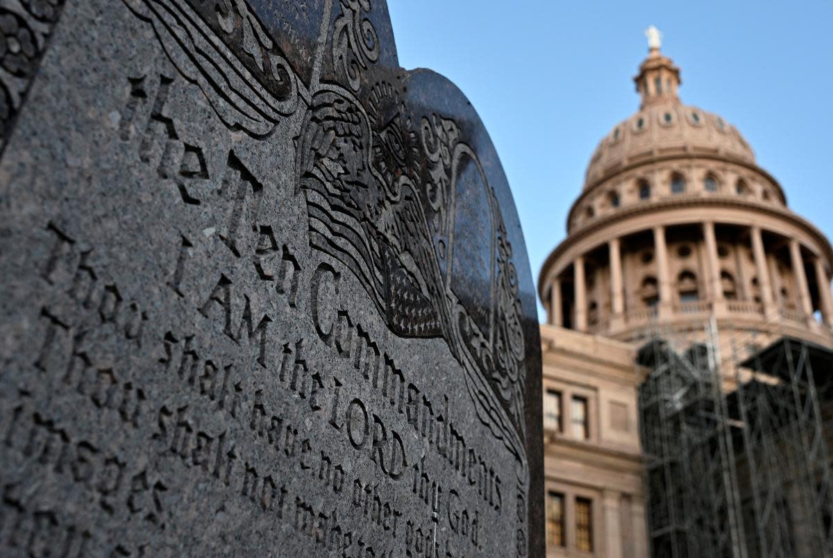 A monument to the Ten Commandments on the grounds of the Capitol in Austin on June 24, 2024.