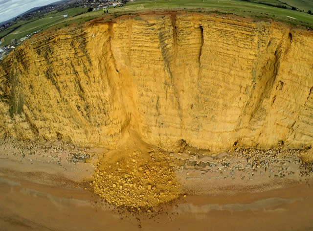 Mandatory Credit: Photo by Geoff Moore/REX/Shutterstock (5600372f) Aerial view of landslip Landslip at West Bay in Dorset, Britain - 29 Feb 2016  