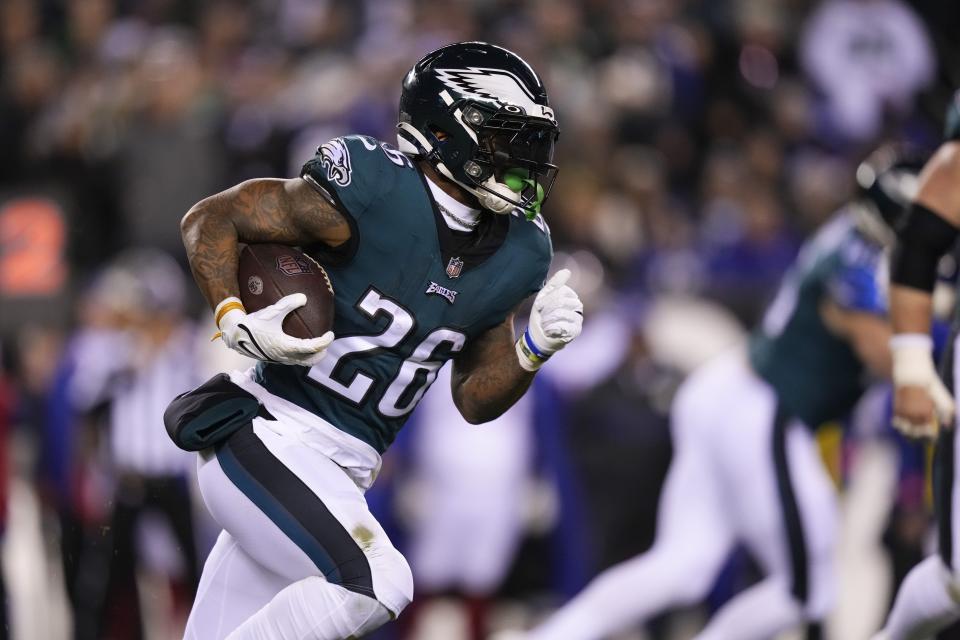 Philadelphia Eagles running back Miles Sanders runs with the ball against the New York Giants during the first half of an NFL divisional round playoff football game, Saturday, Jan. 21, 2023, in Philadelphia. (AP Photo/Matt Slocum)