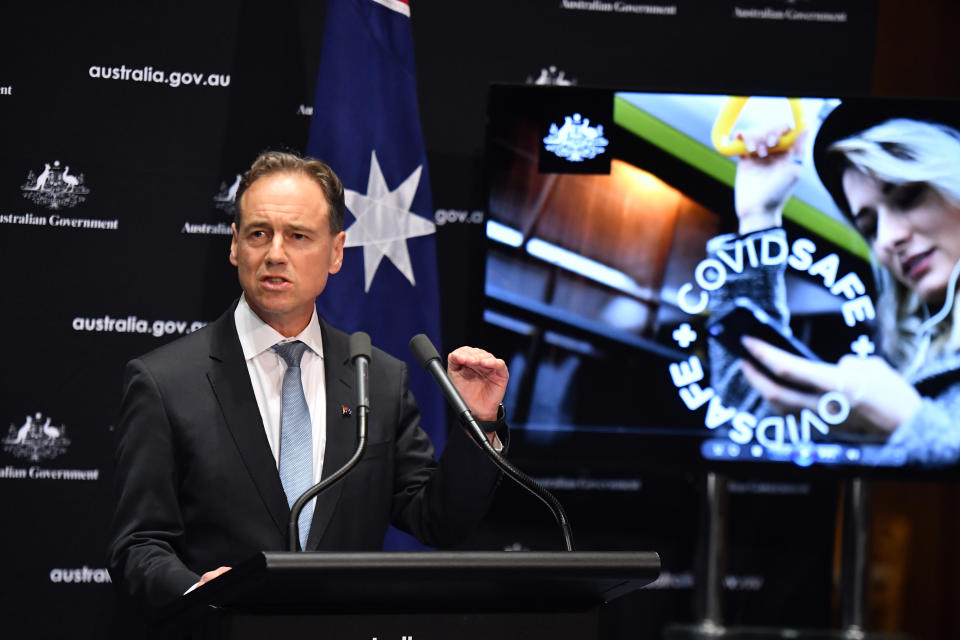 Minister for Health Greg Hunt at a press conference to launch the new government app on April 26. Source: AAP