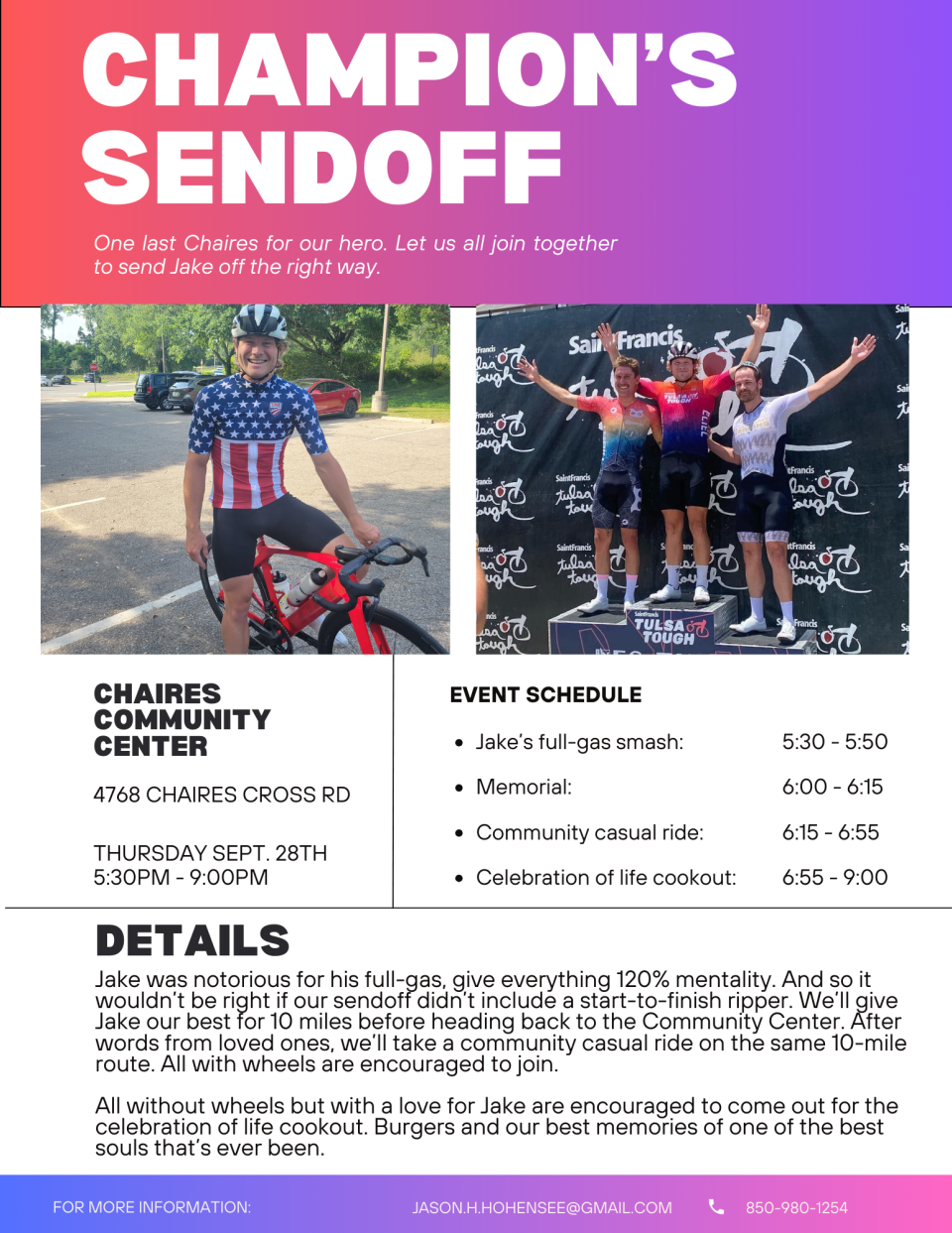 A flyer of a sendoff event for Jake Boykin, a noted cyclist and Florida State University doctoral student who died after being hit in a crash while cycling in Jefferson County, Florida.