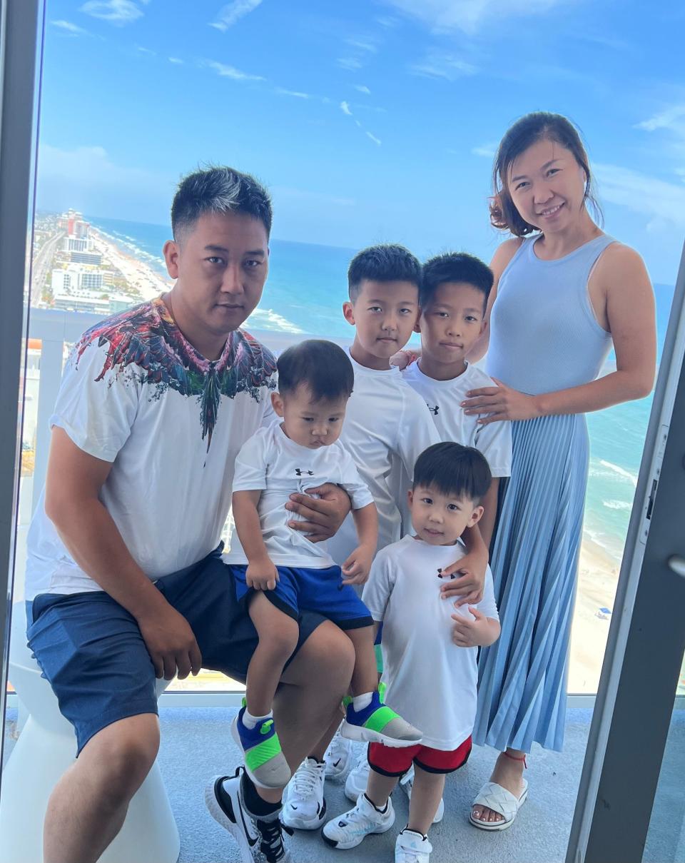 Sam and Angela Tang with their children, from left, Tyrus, age 2; Teddy, a third-grader; Tyler, a fifth-grader; and Titan, who is in pre-K.