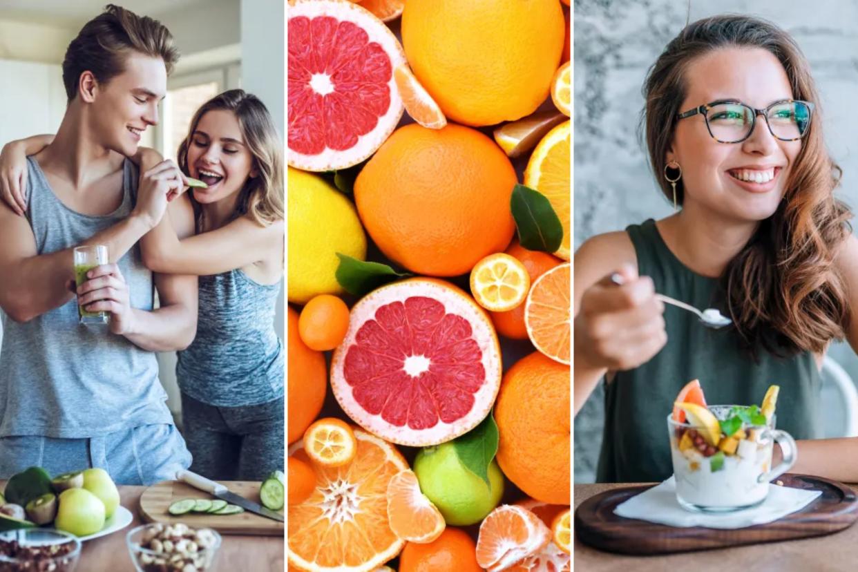 A collage of a man and a woman eating fruit.