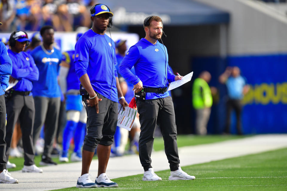 Oct 22, 2023; Inglewood, California, USA; Los Angeles Rams head coach Sean McVay and defensive coordinator Raheem Morris watch game action against the Pittsburgh Steelers during the second half at SoFi Stadium. Mandatory Credit: Gary A. Vasquez-USA TODAY Sports