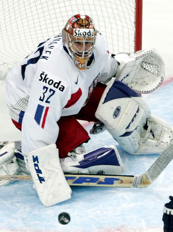 <p>Dima Korotayev/Bongarts/Getty </p> Former NHL player Roman Cechmanek plays in Russia in 2007