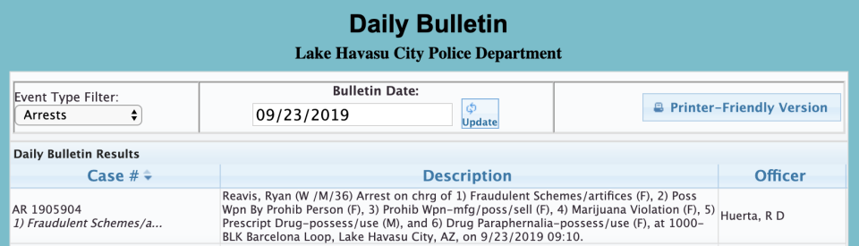 The Lake Havasu City Police Department's record of Ryan Reavis's arrest. (Screenshot: lhcaz.gov)