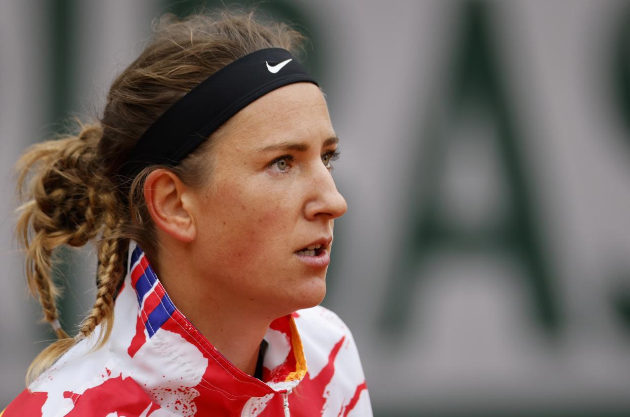 Belarus' Victoria Azarenka reacts during her women's singles first round tennis match against Montenegro's Danka Kovinic at the Suzanne Lenglen court on Day 1 of The Roland Garros 2020 French Open tennis tournament in Paris on September 27, 2020. (Photo by Thomas SAMSON / AFP) (Photo by THOMAS SAMSON/AFP via Getty Images)