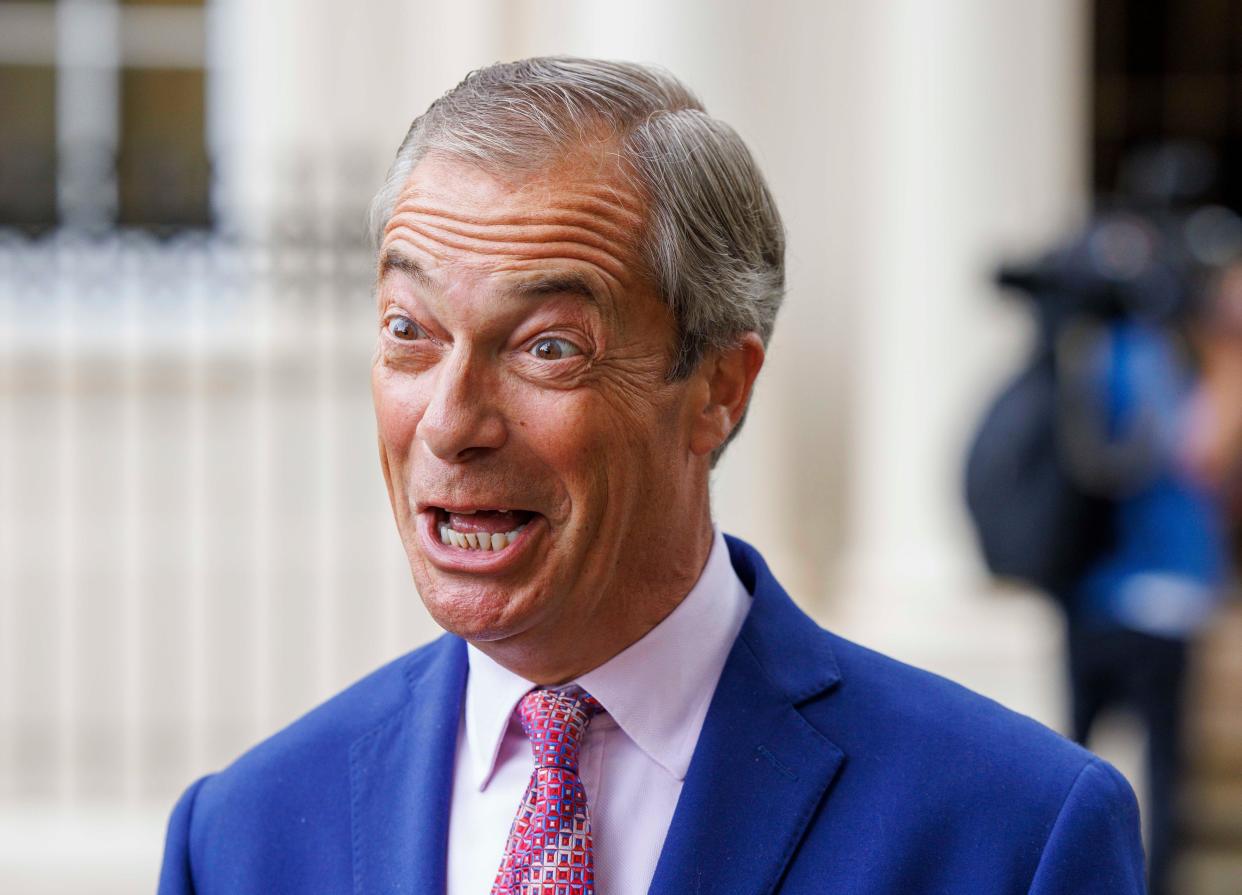 London, UK 18 Sept 2023 Nigel Farage gives an interview after a speech by former Prime Minister, Liz Truss. Nigel Farage was the former Leader of the UK Independence Party (UKIP) from 2006 to 2009 and 2010 to 2016 and Leader of the Brexit Party (renamed Reform UK) in 2021. He said the Conservatives need to decide what to do after they lose the next election. Former Prime Minister, Liz Truss, gave her speech on the economy at The Institute for Government. She said Rishi Sunak should cut taxes, reduce benefit increases, raise the retirement age and delay net-zero commitments, his predecessor.