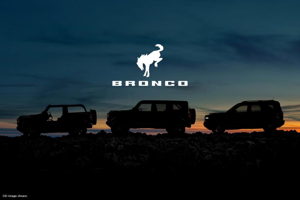 A lineup of 2021 Ford Broncos, along with the logo, are displayed in this computer-generated image obtained on July 2, 2020. Ford Motor Company/Handout via REUTERS/Illustration 