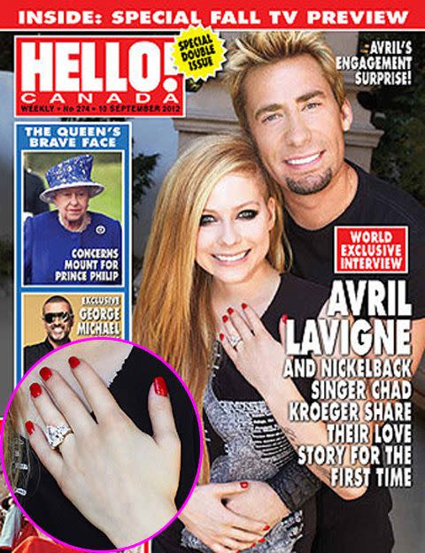 Avril Lavigne and fiancé Chad Kroeger show off the 14-carat sparkler. Credit: Hello! Canada