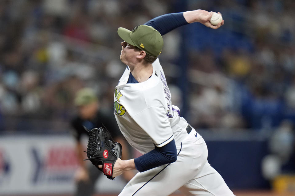 Tampa Bay Rays relief pitcher Pete Fairbanks delivers to the Milwaukee Brewers during the ninth inning of a baseball game Friday, May 19, 2023, in St. Petersburg, Fla. (AP Photo/Chris O'Meara)