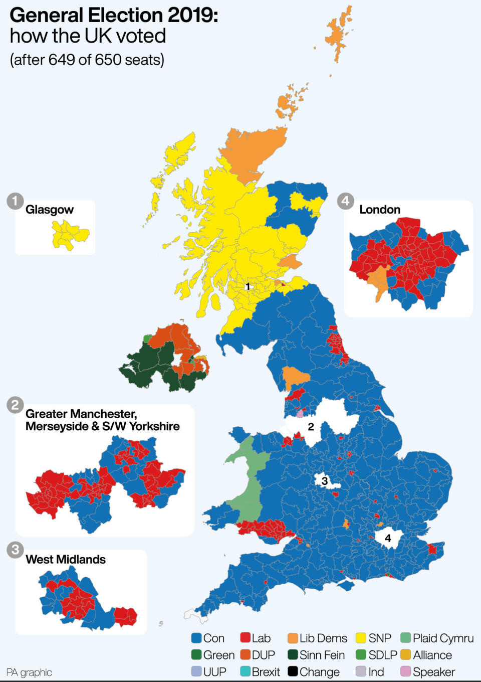 The UK has turned blue and yellow. (PA)