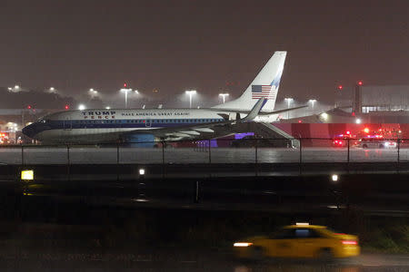 A campaign plane carrying U.S. Republican vice presidential nominee Mike Pence rests after it skidded off the runway after landing in the rain at LaGuardia Airport in New York, U.S.,October 27, 2016. REUTERS/Lucas Jackson