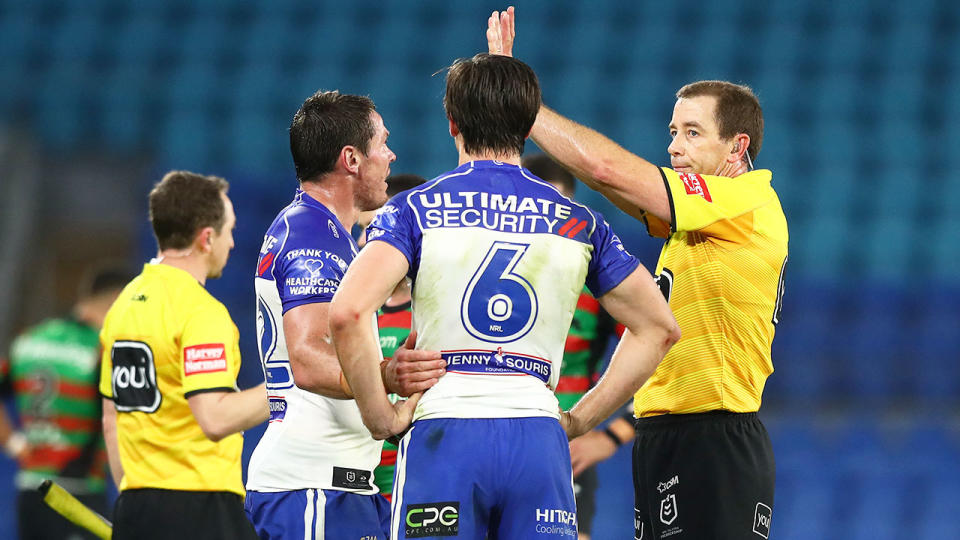 Pictured here, Bulldogs star Lachlan Lewis is sent to the sin bin against the Rabbitohs. 