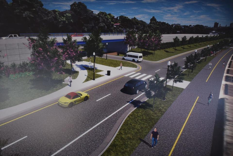 One of the renderings at the Route 79 and Davol Street Corridor Improvement project groundbreaking at City Pier Wednesday.