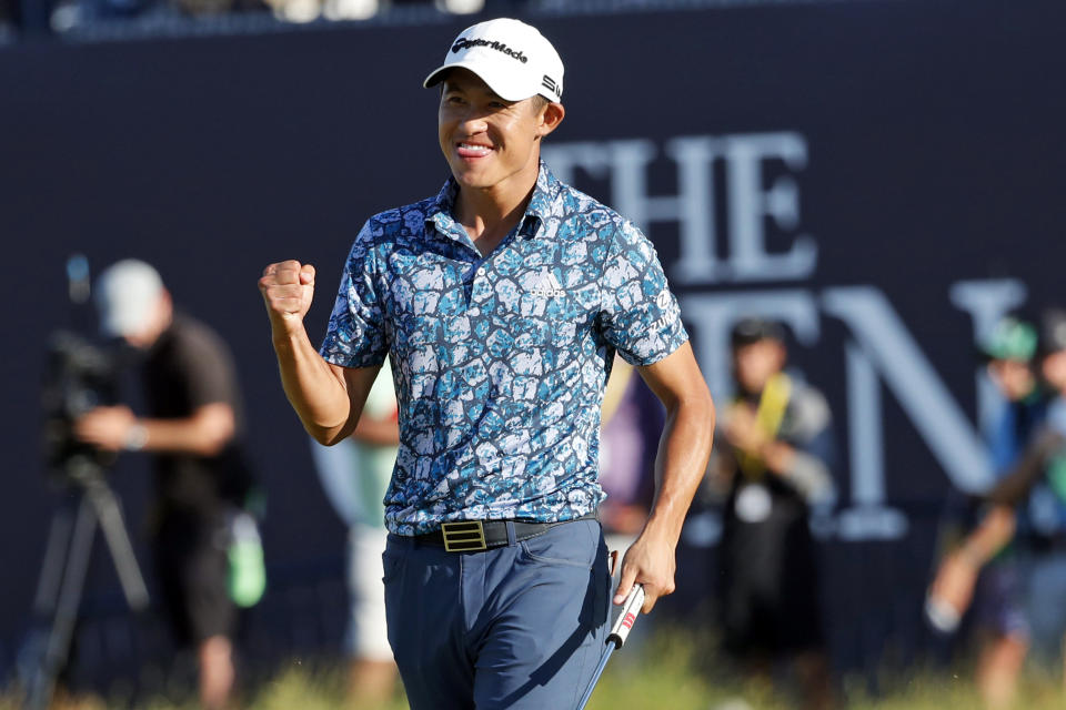 FILE - In this July 18, 2021, file photo, United States' Collin Morikawa celebrates on the 18th green after winning the British Open Golf Championship at Royal St George's golf course Sandwich, England. Morikawa, who was an amateur when the last Ryder Cup was played in 2018, has since then has won two majors, a World Golf Championship and led the U.S. standings in his first year of eligibility. The pandemic-delayed 2020 Ryder Cup returns the United States next week at Whistling Straits along the Wisconsin shores of Lake Michigan. (AP Photo/Peter Morrison, File)