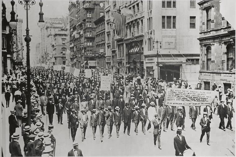 Thousands of Black Americans march down New York City's Fifth Avenue in the so-called Silent Parade on July 28, 1917. The demonstrators were marching to promote civil rights. File Photo courtesy of the New York Public Library