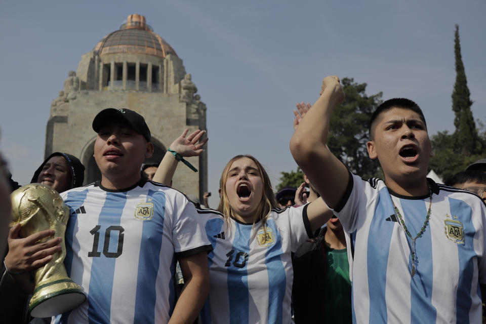 Argentinians celebrate a goal during the FIFA Fan Fest Mexico on the esplanade of the Monumento a la Revolucion in Mexico City, on the occasion of the World Cup final between Argentina and France. (Photo by Gerardo Vieyra/NurPhoto via Getty Images)