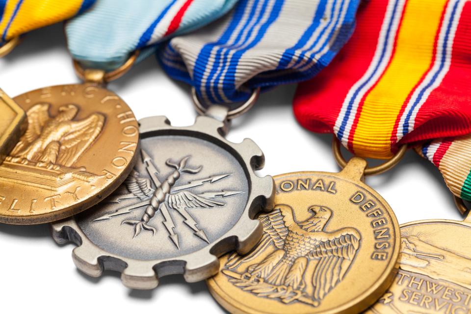 Close up images of military service medals.