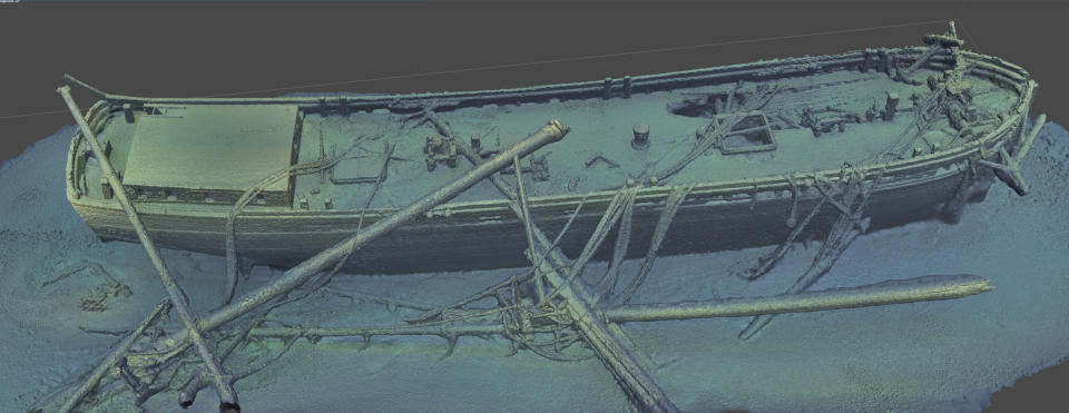 This July 2023 photo provided by State Historical Society of Wisconsin shows the schooner Trinidad. Shipwreck hunters have discovered the intact remains of the schooner that sank in Lake Michigan in 1881 and is so well-preserved it still contains the crew’s long-ago possessions in its final resting spot miles from Wisconsin’s coastline. The 156-year-old Trinidad was found in July 2023 in about 270 feet of water off Algoma, Wis., by maritime historians Brendon Baillod and Robert Jaeck using side-scan sonar. (Tamara Thomsen/Zach Whitrock/State Historical Society of Wisconsin via AP)