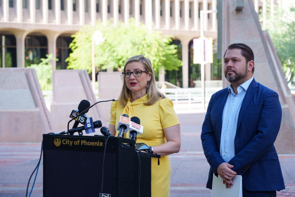 Phoenix Mayor Kate Gallego and U.S. Rep. Ruben Gallego of Arizona's 7th district host a news conference outside Phoenix City Hall to discuss their push to add extreme heat to the Federal Emergency Management Agency's list of declared disasters on June 9, 2023, in Phoenix.