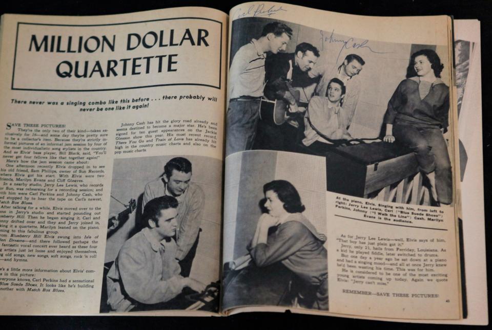 A copy of Sixteen Magazine with a photo of "The Million Dollar Quartet" shows performers Jerry Lee Lewis, Carl Perkins, Elvis Presley and Johnny Cash.