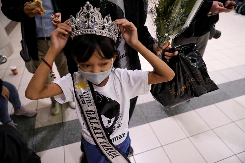Exiled Myanmar beauty queen Han Lay arrives at Toronto Pearson International Airport in Mississauga