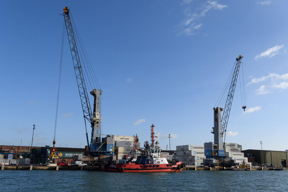 PORTSMOUTH, ENGLAND - JANUARY 08: Maersk shipping containers are seen in the dock area of Portsmouth International Ferry Port on January 08, 2019 in Portsmouth, England. Leader of the Liberal Democrats Vince Cable has visited Portsmouth International Ferry Terminal to hear how a no-deal Brexit may impact the flow of goods travelling to and from Europe through the port. (Photo by Leon Neal/Getty Images)