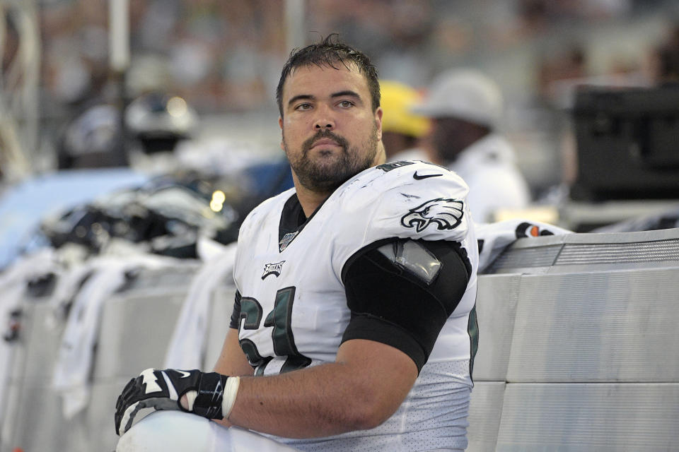 FILE - In this Aug. 15, 2019, file photo, then Philadelphia Eagles offensive guard Stefen Wisniewski (61) watches from the bench during the first half of an NFL preseason football game against the Jacksonville Jaguars, in Jacksonville, Fla. The Pittsburgh Steelers officially signed the well-traveled Wisniewski to a two-year deal on Wednesday, March 25, 2020, bringing the veteran offensive lineman to his hometown. (AP Photo/Phelan M. Ebenhack, File)