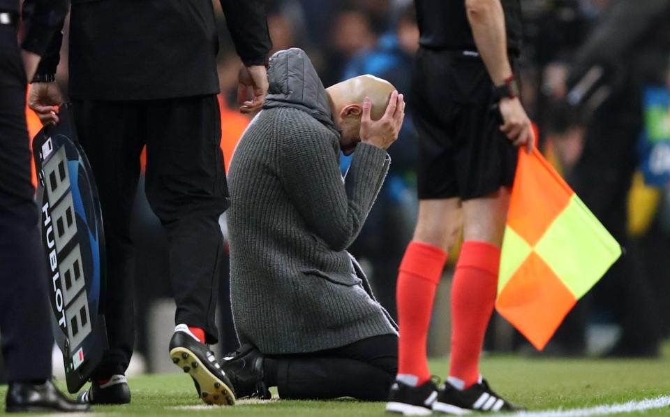 Pep Guardiola during Man City's Champions League elimination against Tottenham in 2019 - Pep Guardiola's 12-year Champions League quest: Expect tears to flow if Manchester City triumph - Getty Images/Marc Atkins
