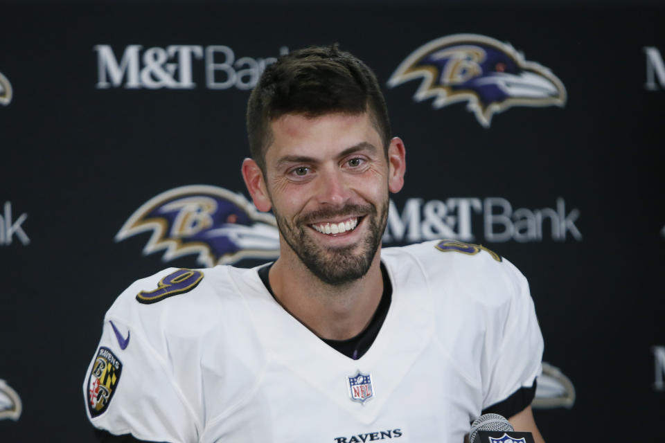 Baltimore Ravens kicker Justin Tucker smiles while speaking to the media after an NFL football game against the Detroit Lions in Detroit, Sunday, Sept. 26, 2021. Tucker kicked a 66-yard field goal to beat Detroit 19-17. (AP Photo/Duane Burleson)