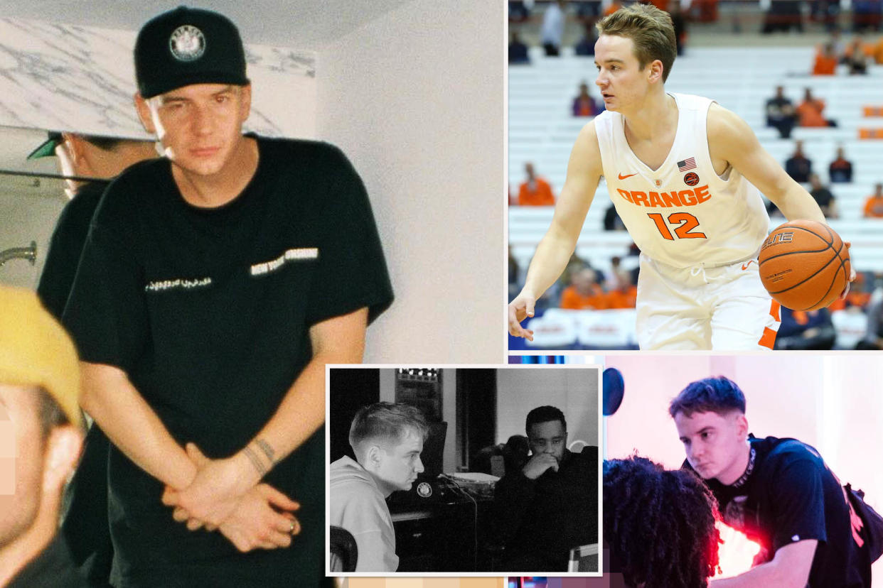 Brendan Paul in all. Upper right, playing basketball at Syracuse University. Producing for Diddy, lower right. Him with Diddy, inset.