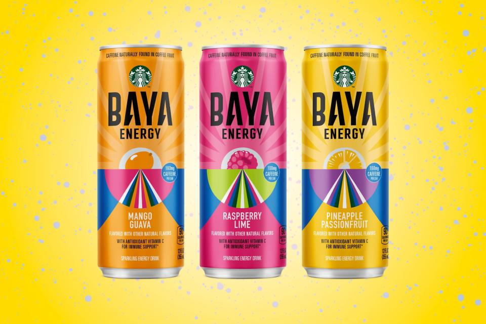 3 cans of Starbucks Energy Drink Baya on a designed background