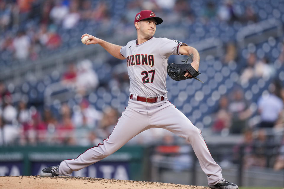 Arizona Diamondbacks starting pitcher Zach Davies throws during the third inning of a baseball game against the Washington Nationals at Nationals Park, Wednesday, June 7, 2023, in Washington. (AP Photo/Alex Brandon)