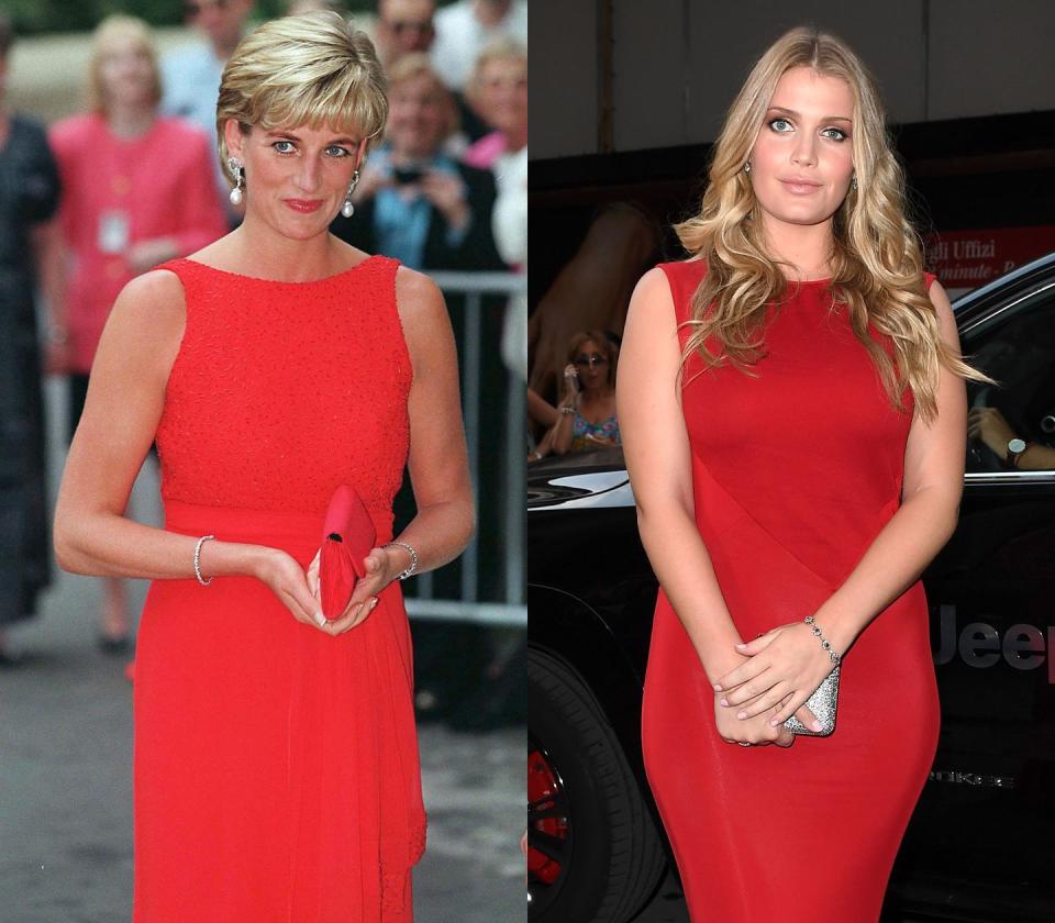 <p>Lady Kitty Spencer and Princess Diana chose near-identical red sheath dresses-Diana to support the Red Cross in Washington, D.C., and Spencer to attend a gala in Florence, Italy.<br></p>
