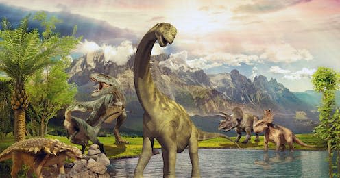 <span class="caption">Dinosaurs once dominated Earth's landscapes</span> <span class="attribution"><a class="link " href="https://www.shutterstock.com/image-photo/dinosaurs-park-by-lake-1094368226" rel="nofollow noopener" target="_blank" data-ylk="slk:AmeliAU/Shutterstock;elm:context_link;itc:0;sec:content-canvas">AmeliAU/Shutterstock</a></span>