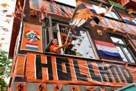 A neighbourhood is decorated in orange for Euro 2020 in The Hague