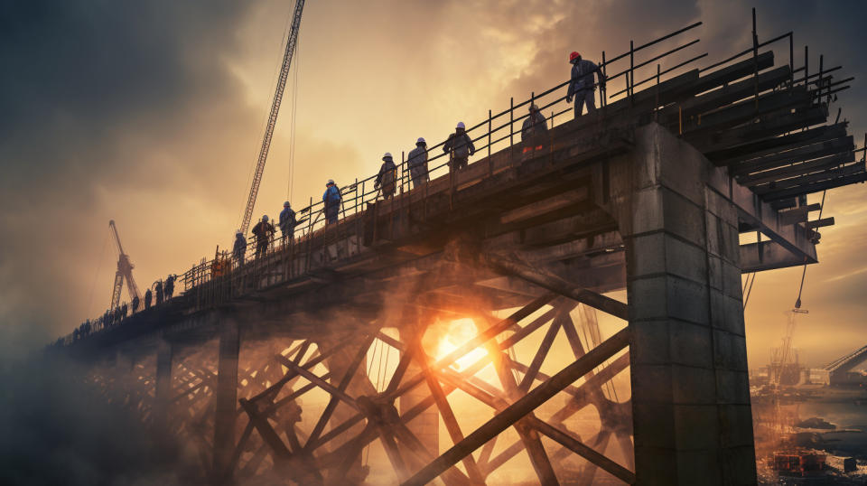 A bridge under construction, watched over by a team of experienced engineers.