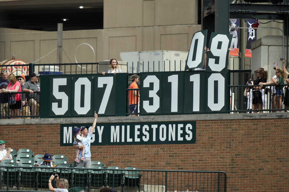 The Miggy Milestones tally board is updated after Detroit Tigers designated hitter Miguel Cabrera's double during the ninth inning of a baseball game against the Arizona Diamondbacks, Saturday, June 10, 2023, in Detroit. (AP Photo/Carlos Osorio)
