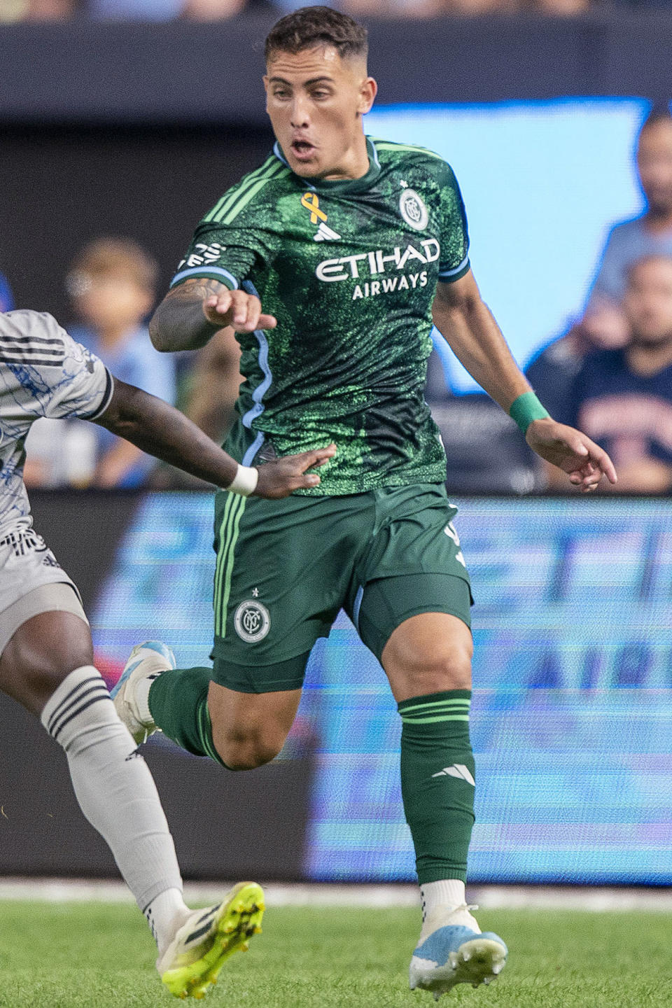 FILE - Braian Cufre, of New York City FC, plays an MLS soccer match in New York, Aug. 30, 2023. A female journalist filed a complaint against Cufre, who also plays with Argentine soccer club Vélez Sarsfield, and three other players from the Argentine club, saying they drugged and raped her on March 2 in Tucumán, Argentina. (AP Photo/Eduardo Munoz Alvarez, File)