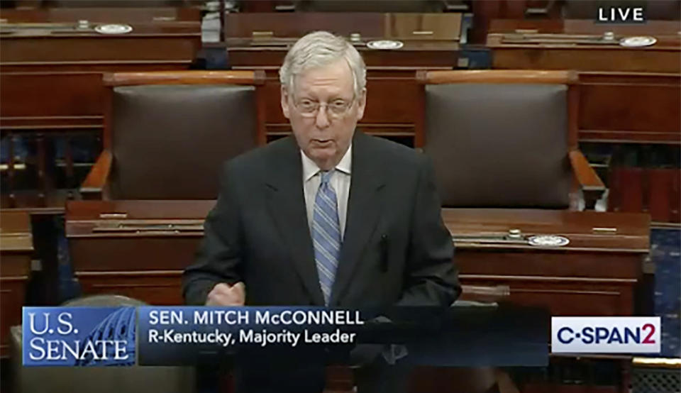 Senate Majority Leader Mitch McConnell of Ky., speaks on the Senate floor, Friday, May 15, 2020 at the Capitol in Washington. (Senate TV/C-Span2 via AP)