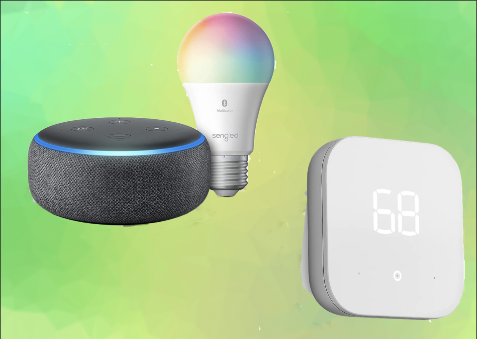 Amazon Smart Thermostat and Echo Dot with Smartlight on a green background.