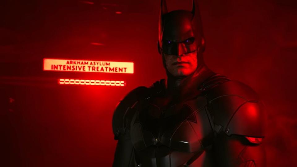 The terrifying visage of Batman, in front of Arkham Asylum's Intensive Treatment wing, in Suicide Squad: Kill the Justice League.