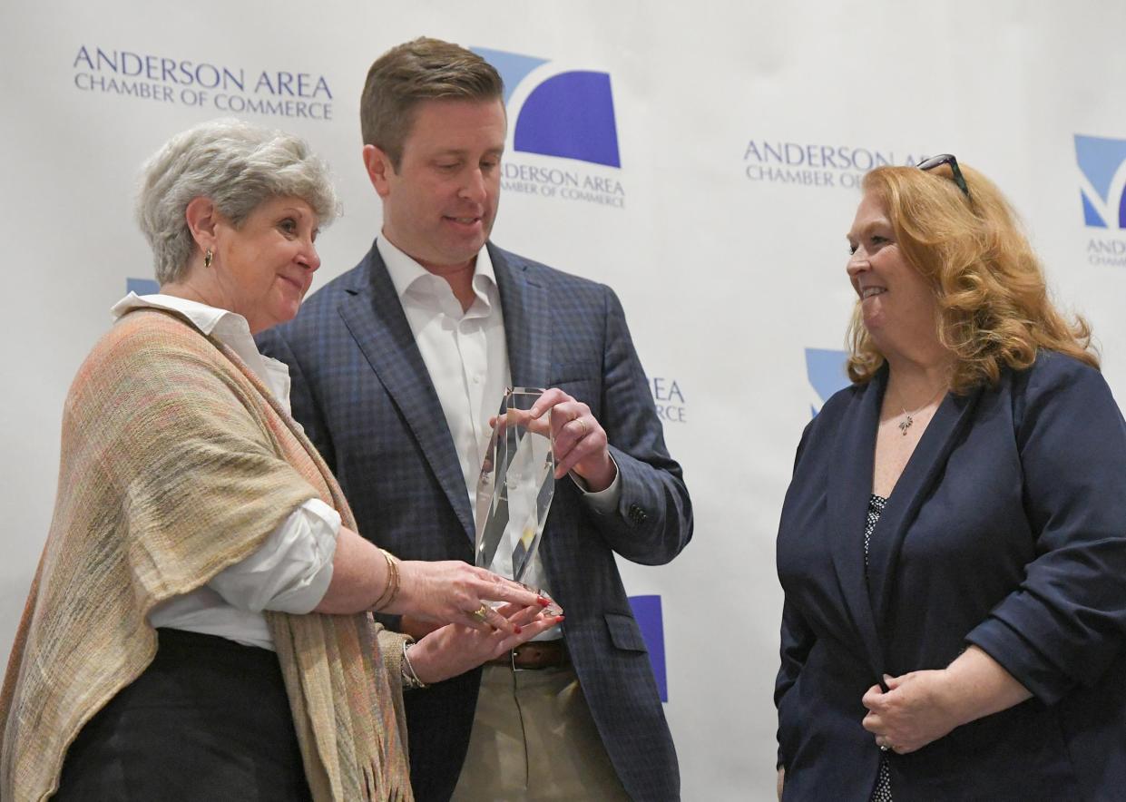 Carol Burdette, President and CEO of United Way of Anderson, was honored with the Duke Citizenship & Service Award by Trent Acker of Duke Energy, during the 2024 Anderson Area Chamber of Commerce annual meeting at the Civic Center of Anderson, in Anderson S.C. Monday, March 4, 2024. Guest speaker U.S. Sen. Lindsey Graham spoke about community leaders, and growth in the state of South Carolina.
