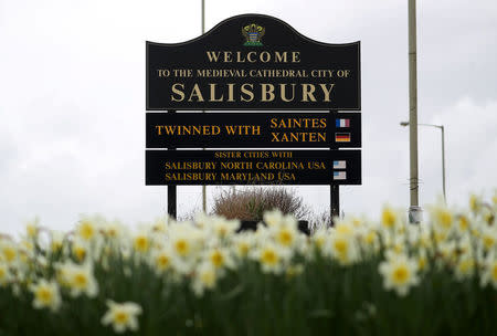 A local council sign welcomes vistors to the city of Salisbury, Britain, April 3, 2018. REUTERS/Hannah McKay