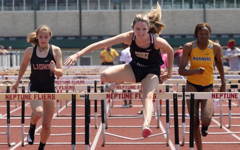 Shea Burke of Point Pleasant Bro takes first in the Girls 100hurdles at the Shore Conference Outdoor Track and Field Championships in Neptune, NJ on May 21, 2022. 