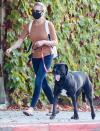 <p>Robin Wright goes for a walk with her dog on Monday in L.A., sporting a mask and backpack. </p>